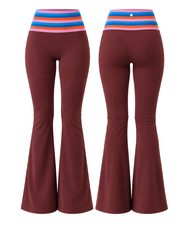 Peaches Active - Paris Stripe Limited Flared Leggings Red Maroon - Rainbow