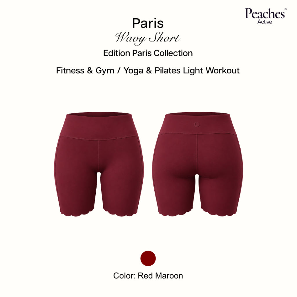 Peaches Active - Paris Limited Wavy Shorts Solid Edition กางเกงขาสั้นออกกำลังกายผู้หญิง เอวสูง สี Red Maroon