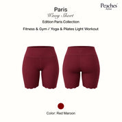 Peaches Active - Paris Limited Wavy Shorts Solid Edition กางเกงขาสั้นออกกำลังกายผู้หญิง เอวสูง สี Red Maroon