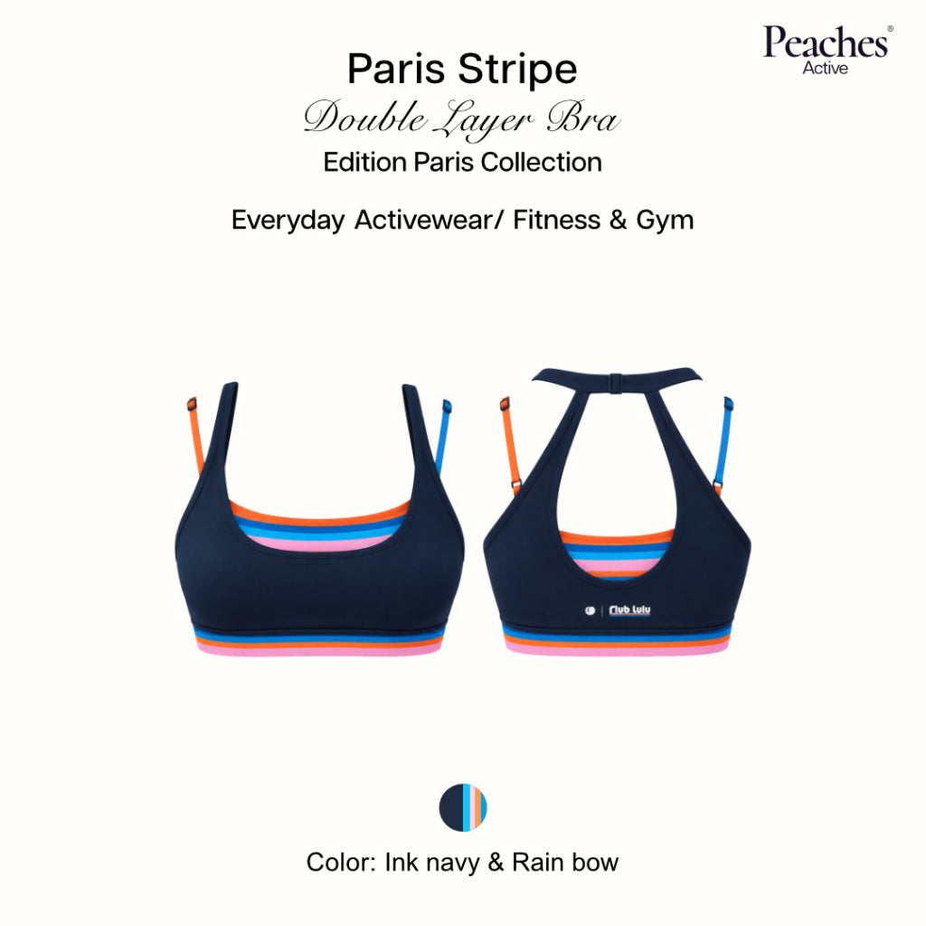 Peaches Active - Paris Stripe Limited Double Layer Bra  สปอร์ตบรา 2 ชั้น ดีไซน์ Back Cut-Out สี Ink Navy - Rainbow