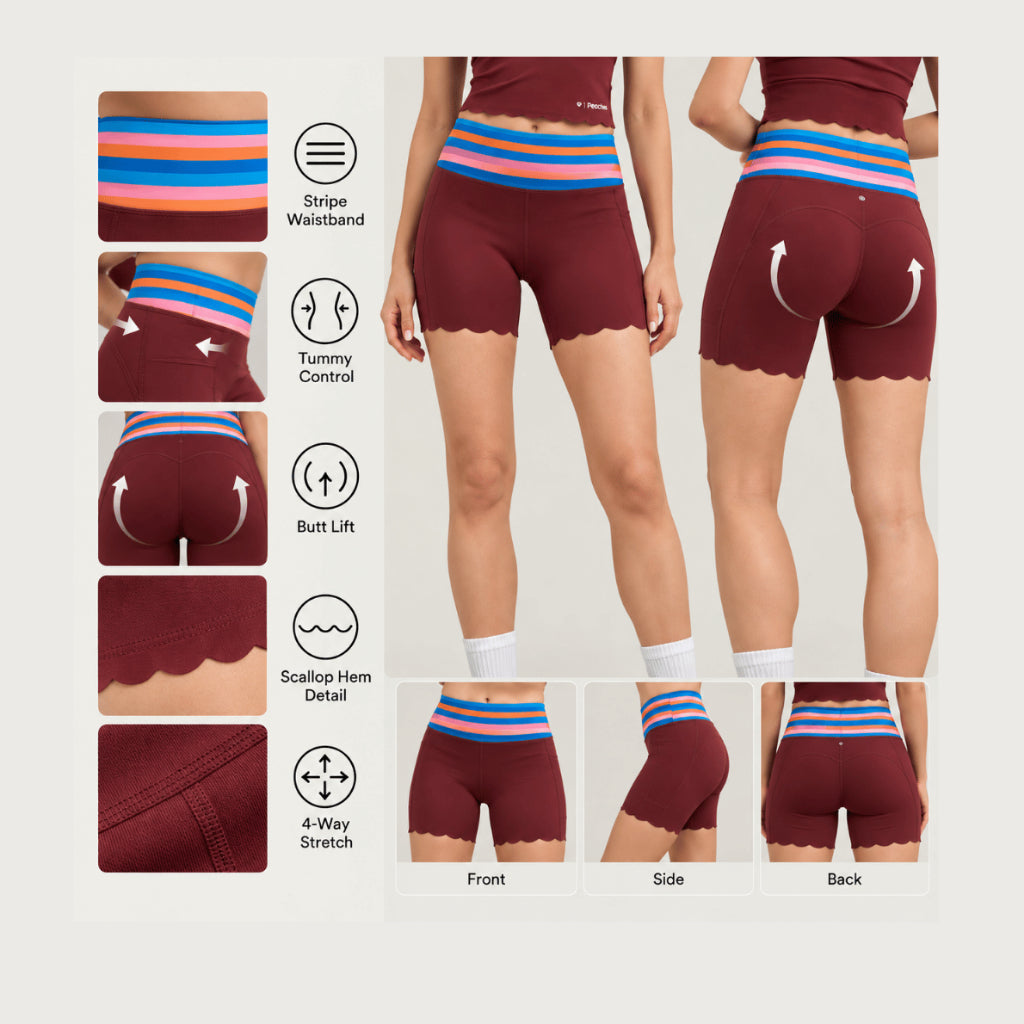 Peaches Active - Paris Stripe Limited Wavy Shorts กางเกงขาสั้นออกกำลังกายผู้หญิง เอวสูง สี Red Maroon & Rain Bow
