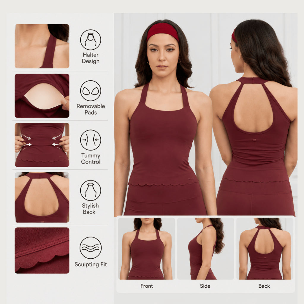 Peaches Active - Paris Halter Neck Top Solid Edition เสื้อออกกำลังกายคล้องคอพร้อมบราในตัว ดีไซน์เว้าหลัง  สี Red Maroon