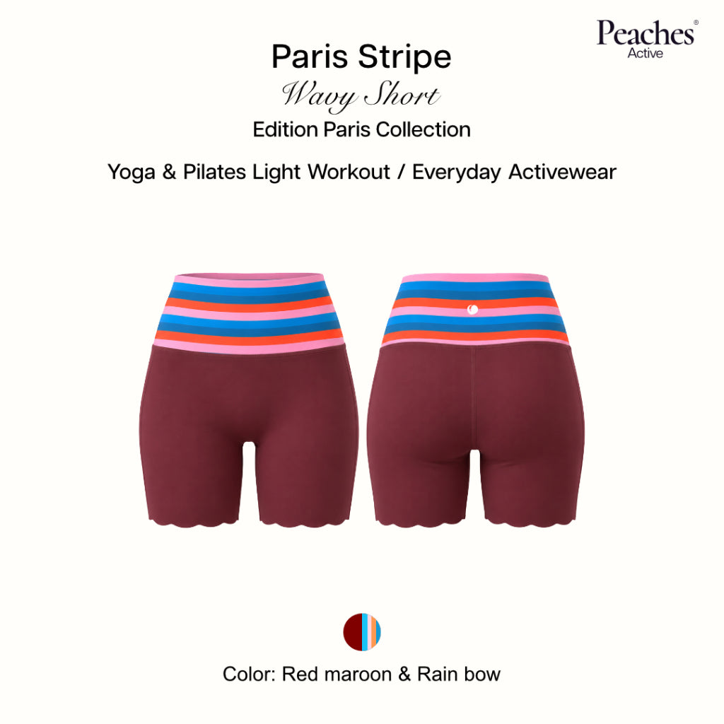 Peaches Active - Paris Stripe Limited Wavy Shorts กางเกงขาสั้นออกกำลังกายผู้หญิง เอวสูง สี Red Maroon & Rain Bow