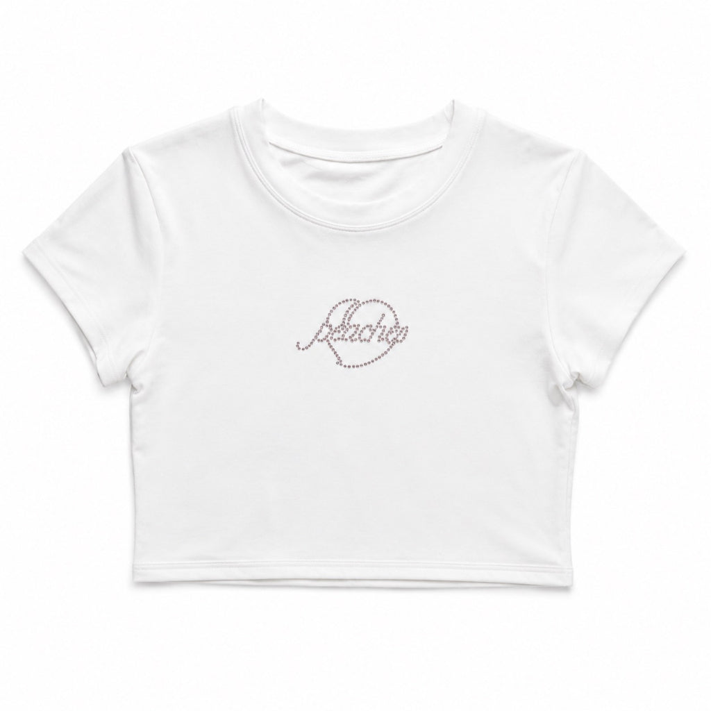 Peaches Active เสื้อครอปบราในตัว คริสตัลโลโก้ Peaches Baby Tee ฟองน้ำถอดได้ ซัพพอร์ตสูง เสื้อออกกำลังกายผู้หญิง Limited