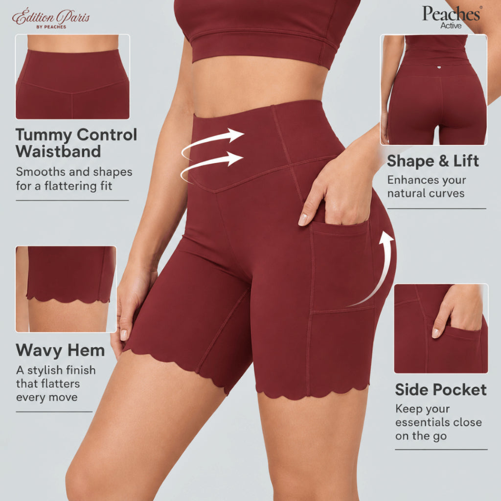 Peaches Active - Paris Limited Wavy Shorts Solid Edition กางเกงขาสั้นออกกำลังกายผู้หญิง เอวสูง สี Red Maroon