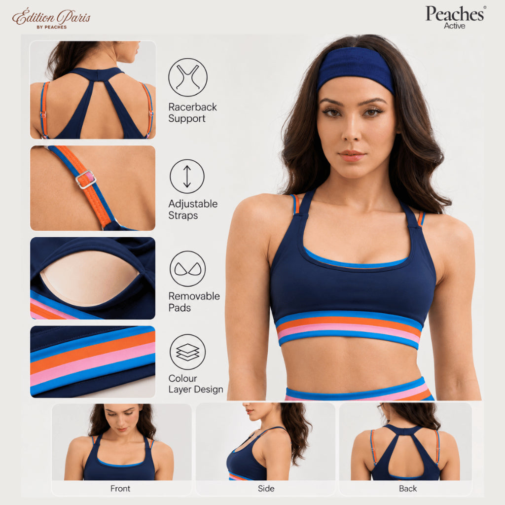 Peaches Active - Paris Stripe Limited Double Layer Bra  สปอร์ตบรา 2 ชั้น ดีไซน์ Back Cut-Out สี Ink Navy - Rainbow